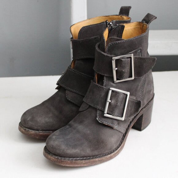 Frye Shoes - FRYE Women's Sabrina Double Buckle Suede Heel Boot Charcoal Brown USA Size 7